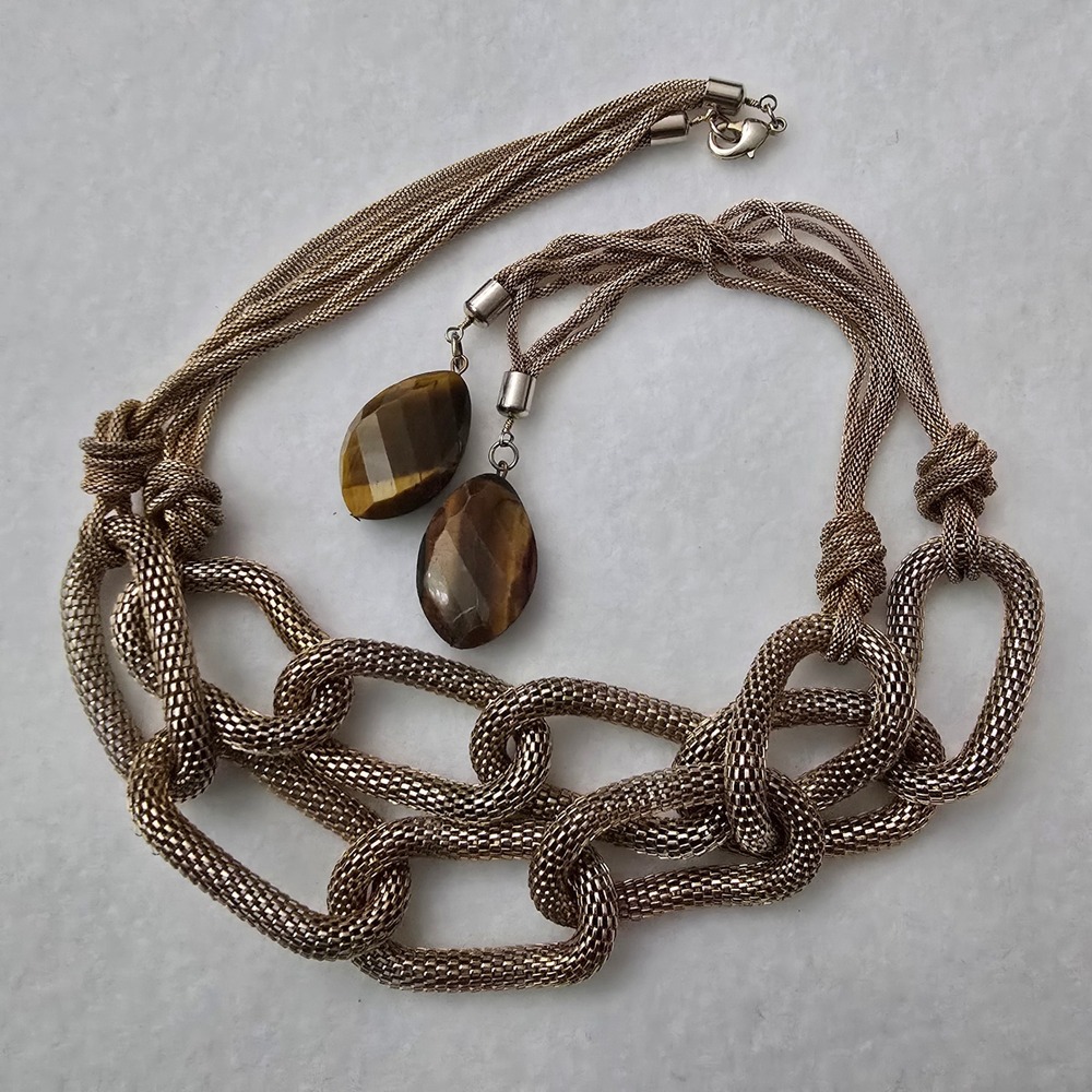 Gold Tone Lariat Necklace Mesh Chain Knotted Faux Tiger's Eye Pendants